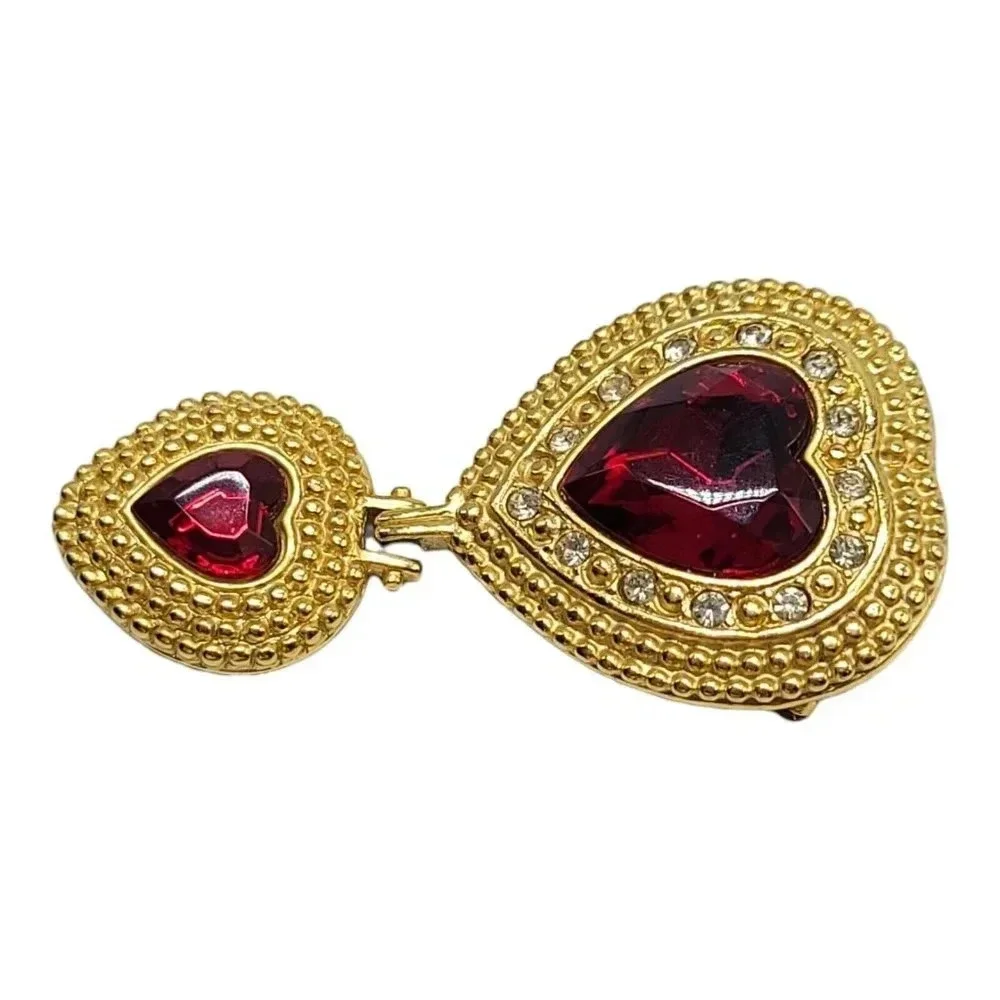 VICTORIA'S SECRET Signed Two Heart Red Crystal Dangle Brooch Pin Vintage